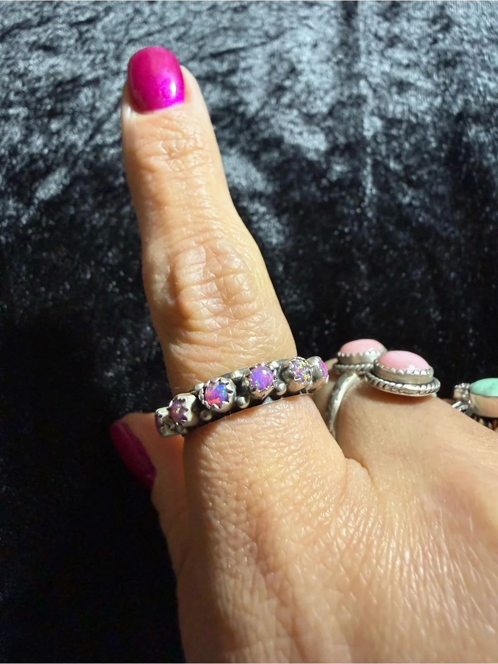 Sterling Silver Pink Opal Half Eternity Band Ring